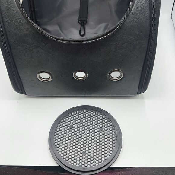 Dark Grey Vegan Leather Pet Carrier Backpack with Bubble Window - Picture 8 of 11